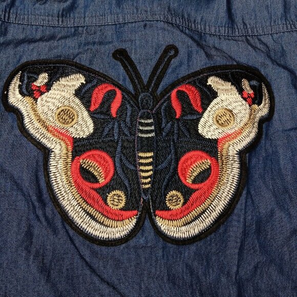 Cheryl Crow Be Myself Medium Shirt Long Sleeve Blue Chambray Butterfly Snap READ - Picture 2 of 12